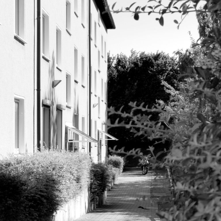 Hauszuwegung und Fassade eines Mehrfamilienhauses in Dortmund Ein schmaler Gehweg zwischen einem Wohngebäude und grünen Büschen, in Schwarz-Weiß.